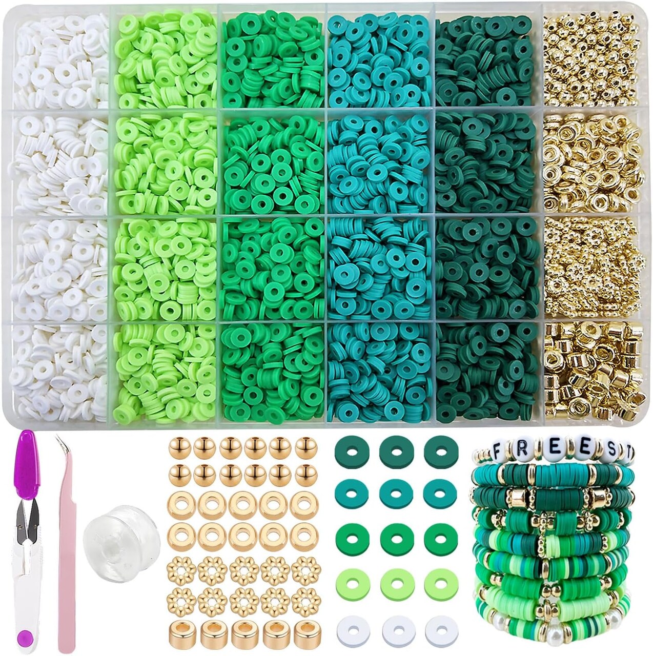 Green Clay Beads Kit – Heishi Beads, Clay Charms & Gold Spacers for Friendship Bracelets, Jewelry Making, Crafts, Concerts, Raves & Gifts